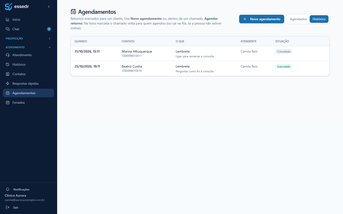 Histórico de agendamentos, com um cancelado e um executado
