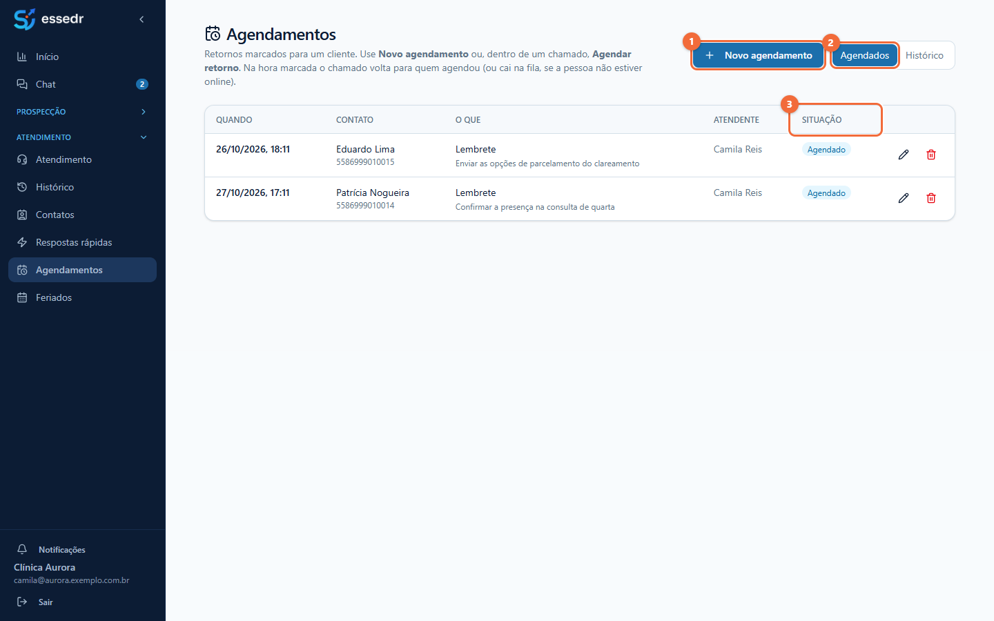 Tela Agendamentos, com a lista de retornos marcados