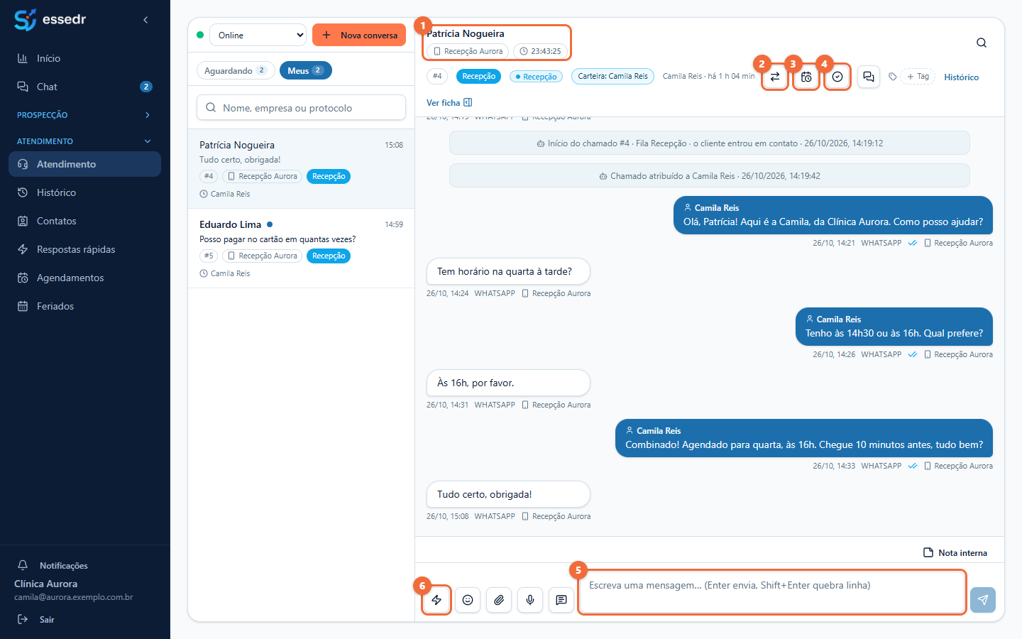 Conversa aberta, com os botões de ação numerados