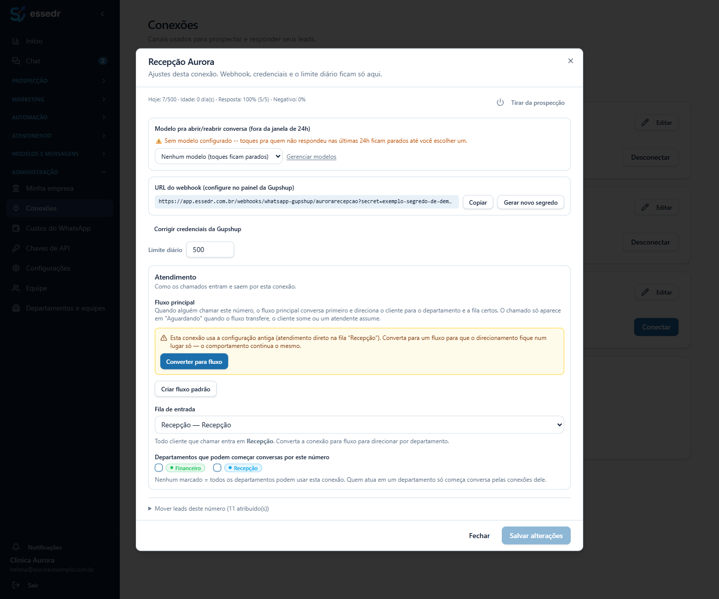 Janela de edição da conexão, com a URL do webhook