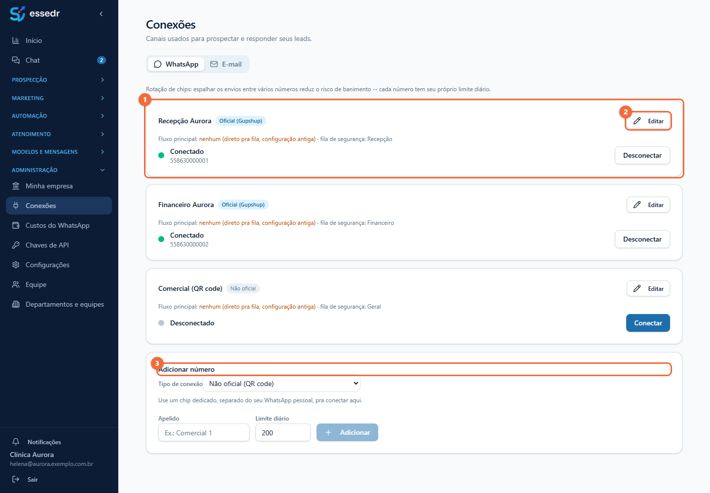 Lista de conexões com dois números oficiais conectados