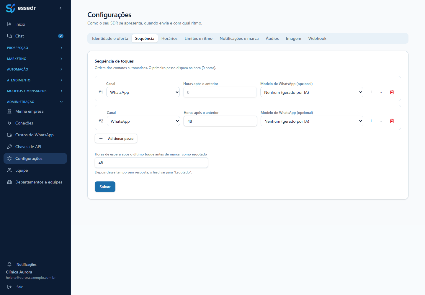 Aba Sequência das Configurações