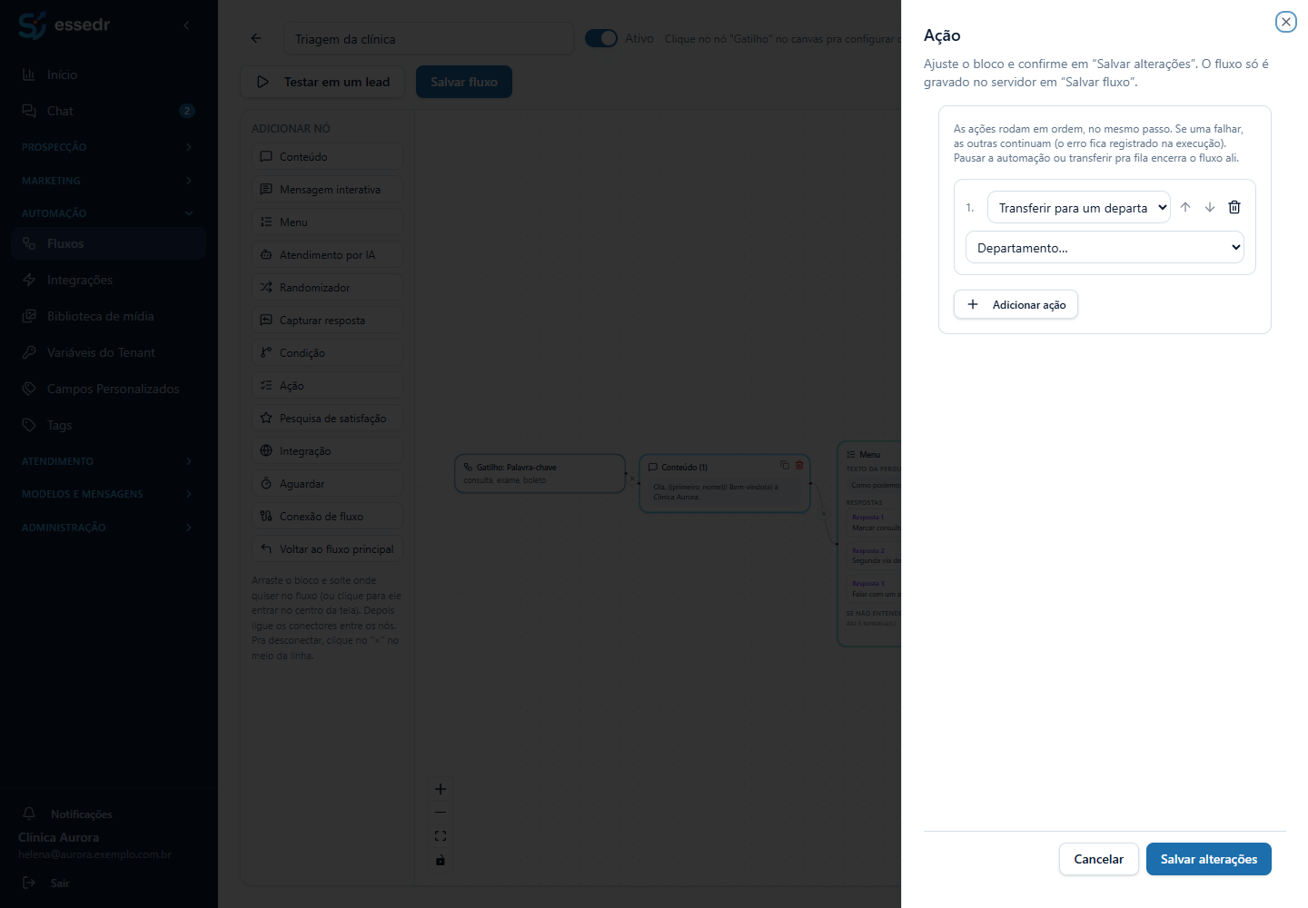 Painel de configuração de um bloco Ação