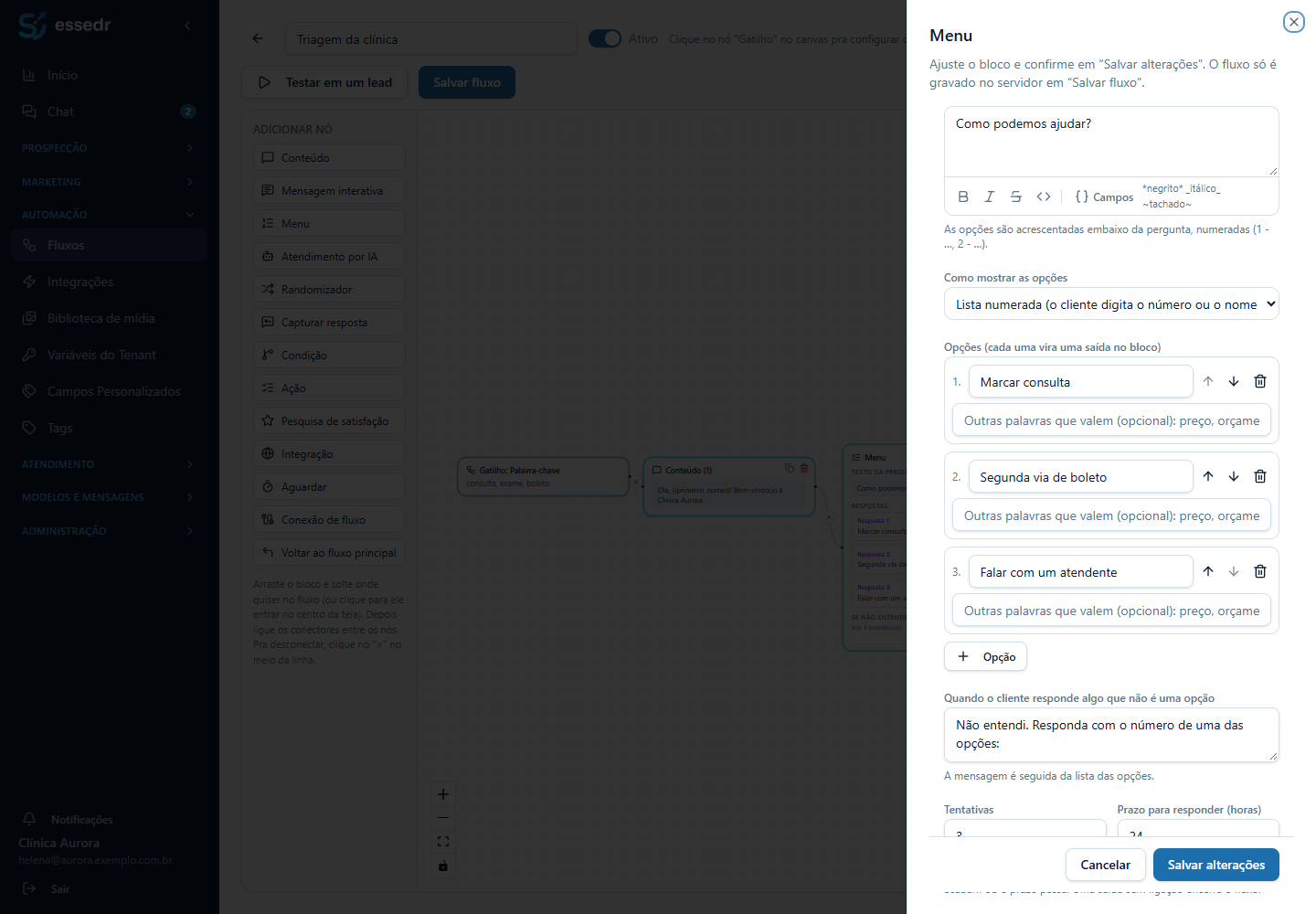 Painel de configuração do bloco Menu
