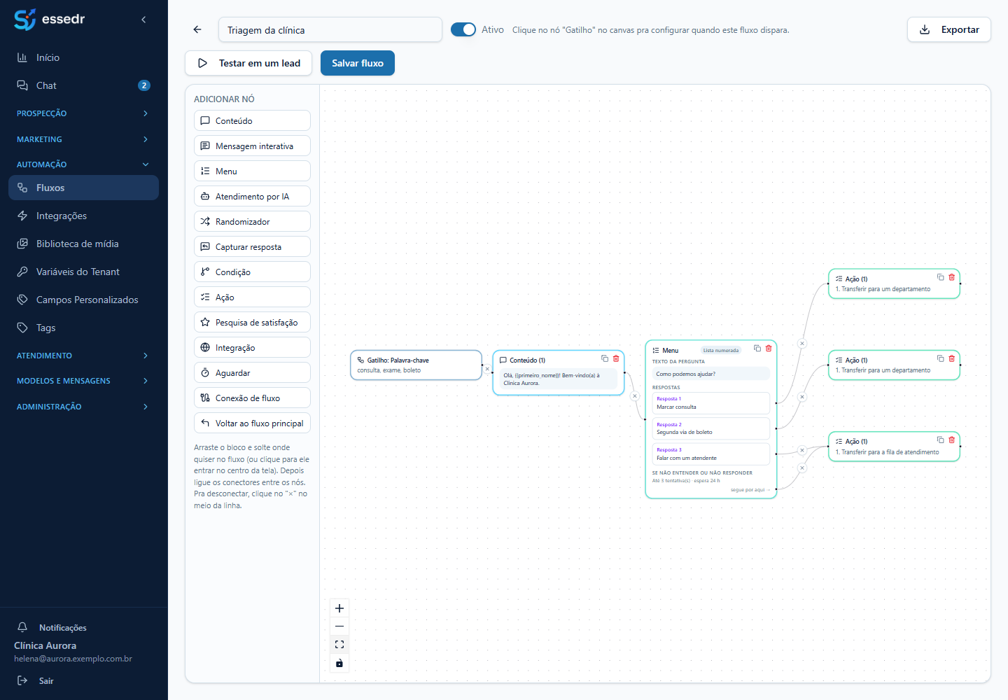 Editor de fluxo, com a lista de blocos à esquerda e o desenho do fluxo