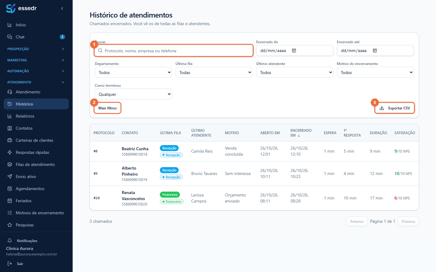 Tela Histórico de atendimentos, com os filtros e a lista de chamados