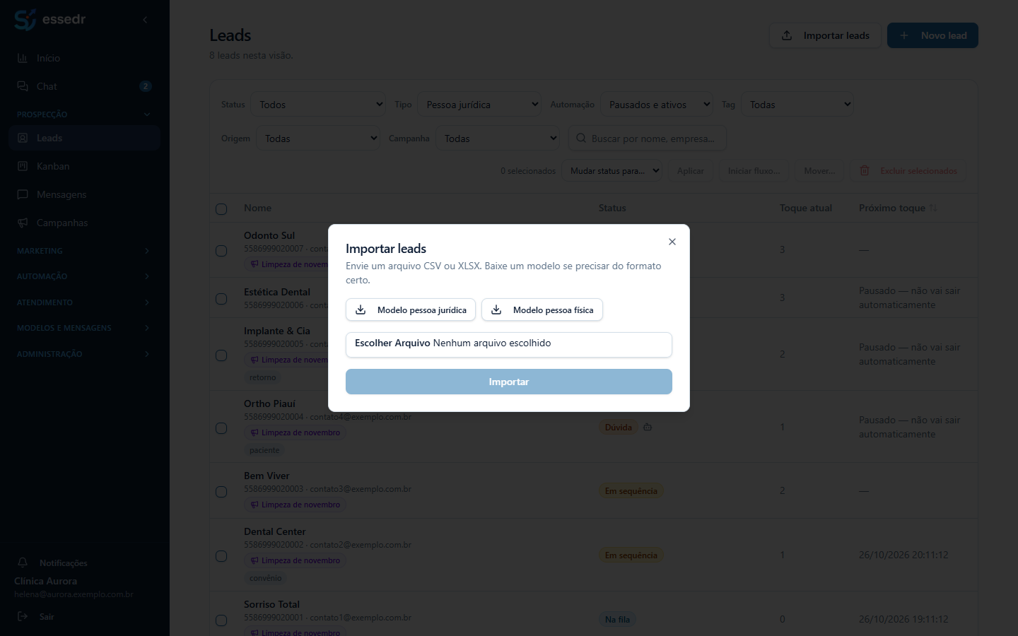 Janela para importar leads
