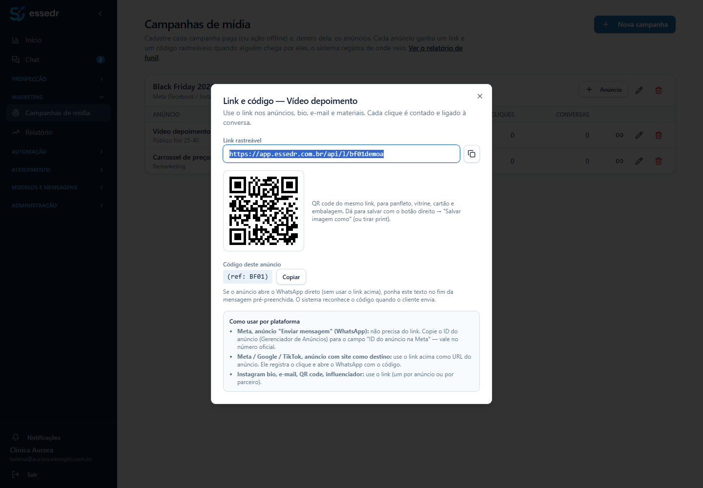 Janela com o link rastreável e o QR code do anúncio