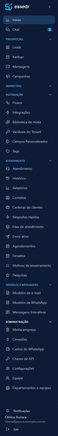 Menu lateral do essedr, com todos os grupos abertos